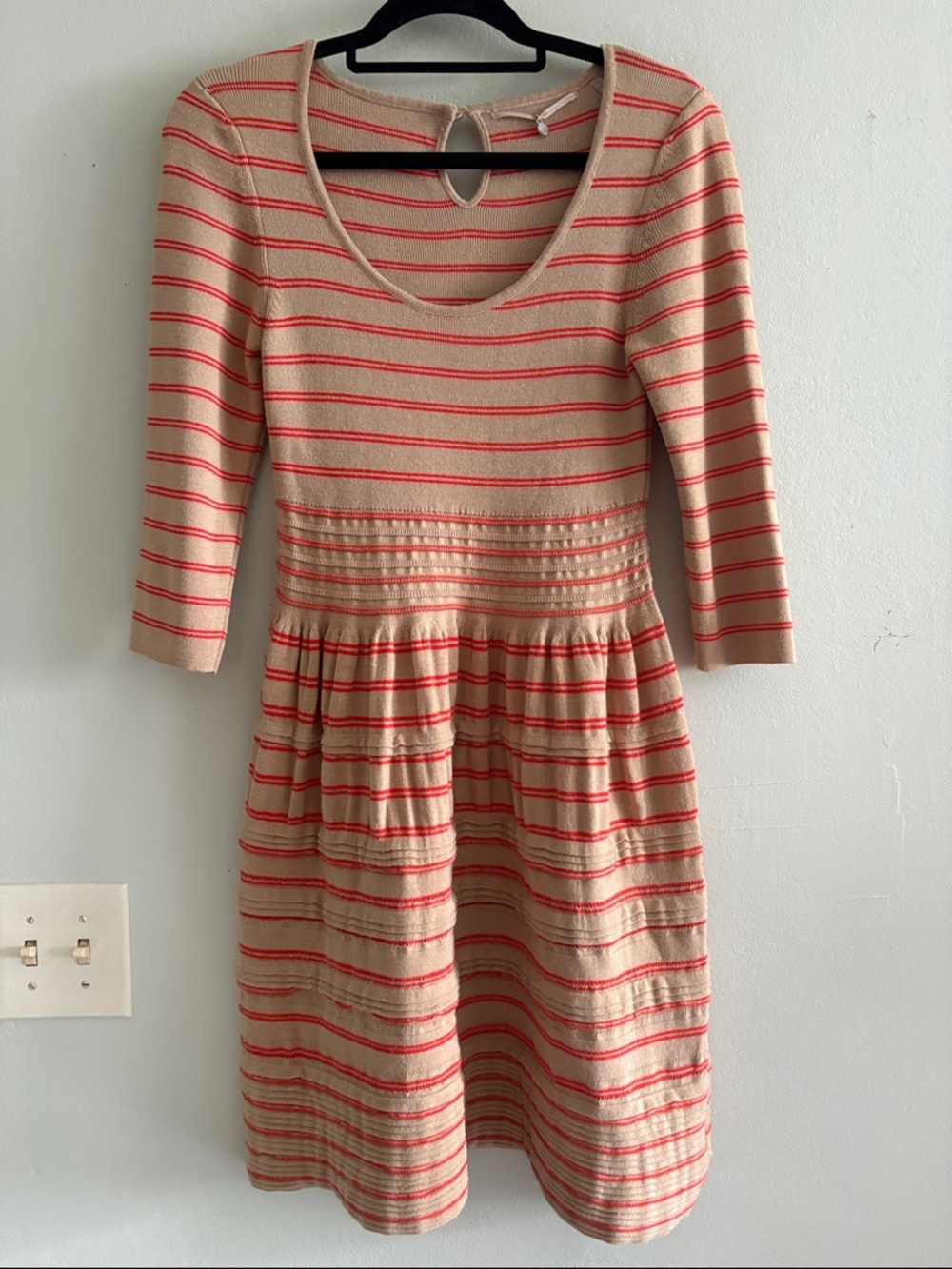 Anthropologie Knitted Knotted Elodie Dress S 3/4 Sleeve Tan Stripe Keyhole Back